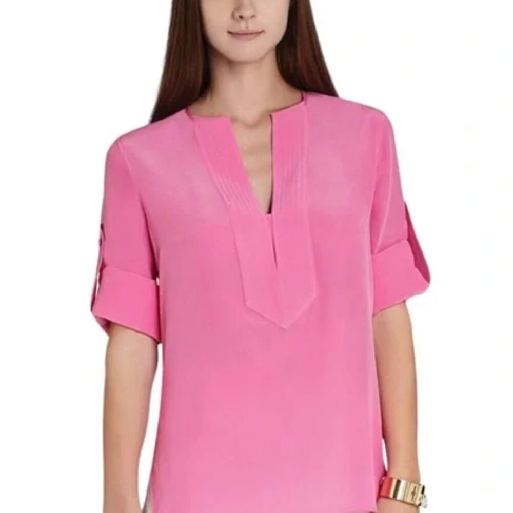 BCBGMAXAZRIA 'Emmalise' Berry Blush Roll Tab Sleeve Silk Blouse: Size M